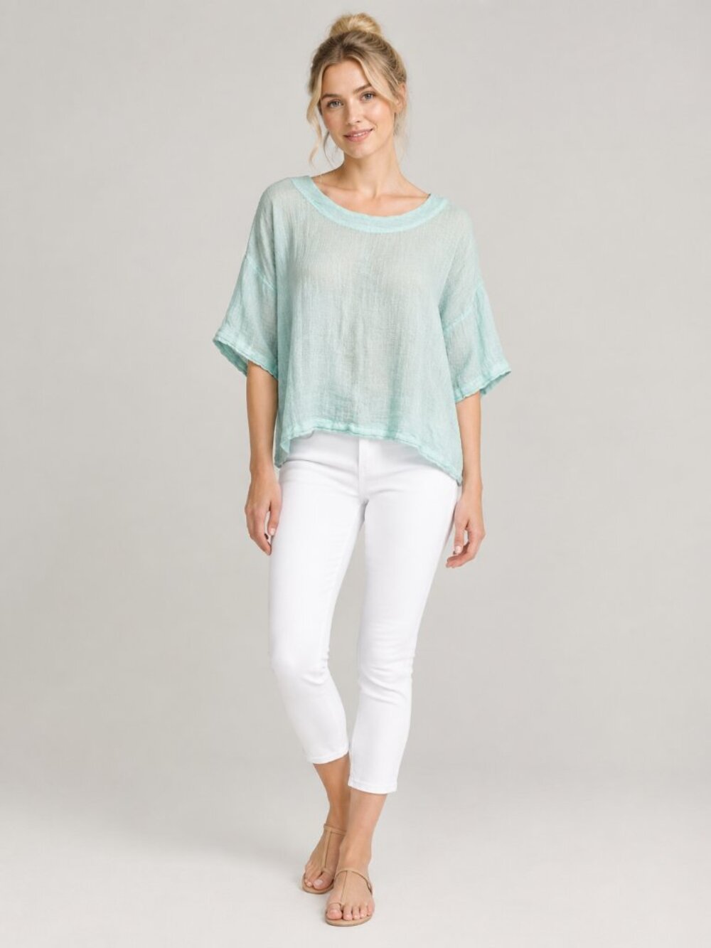 J. Jill Purejill Gauzy Linen Boxy Crop Top Aqua Small #A4738